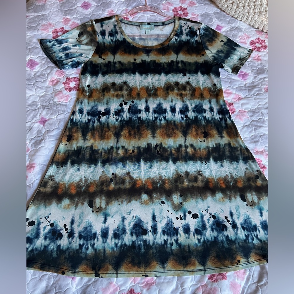 Veronica M A-Line Swing T-Shirt Stretch Tie-Dye Dress Blue Brown Women’s Medium